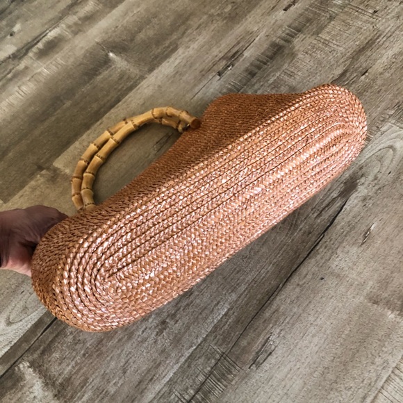 Vintage Look Straw Floral Beaded Sequin Bamboo Handle Purse Bag - Picture 11 of 12